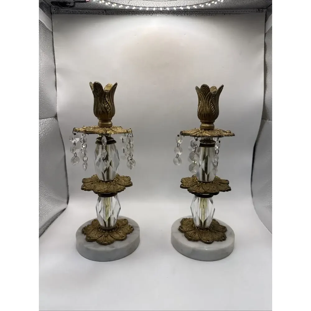 Set 2 Vtg Hollywood Regency Crystal Brass Marble 10”Candlesticks With Crystals *